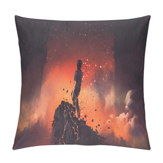 Personality  Man Shattered Into Pieces Standing A Lava Rock In Surreal Place, Digital Art Style, Illustration Painting Pillow Covers
