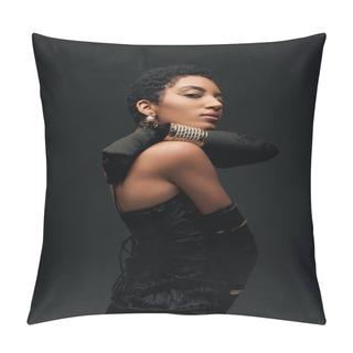 Personality  Fashionable African American Model In Accessories, Gloves And Evening Dress Touching Back And Looking At Camera Isolated On Black, High Fashion And Evening Look, Feminine Pillow Covers
