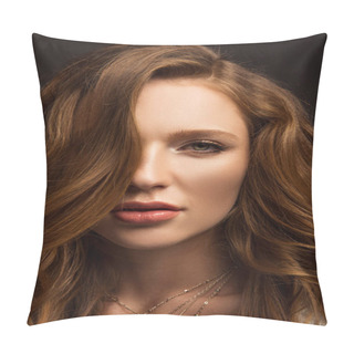 Personality  Portrait Of Beautiful Brown-haired Girl Looking At Camera Pillow Covers