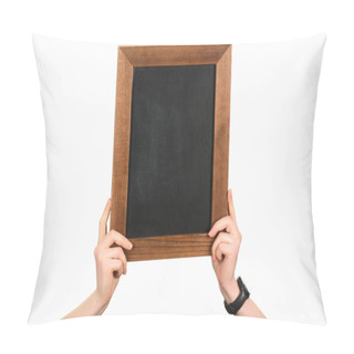 Personality  Cropped View Of Woman Hands Holding Empty Blackboard Isolated On White Pillow Covers