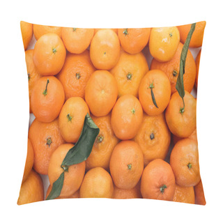 Personality  Top View Of Whole Ripe Tangerines With Green Leaves In Stack On White Background Pillow Covers