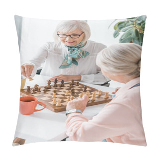 Personality  Senior Women Playing Chess And Drinking Coffee In Nursing Home Pillow Covers
