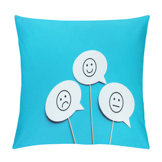 Personality  KYIV, UKRAINE - AUGUST 5, 2019: Set With Emoticons On White Speech Bubbles And Sticks On Blue  Pillow Covers