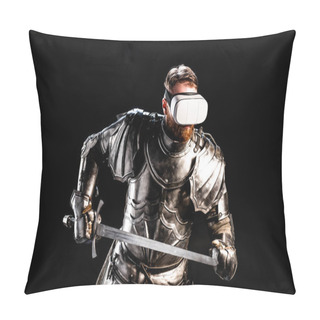 Personality  Knight With Virtual Reality Headset In Armor Holding Sword Isolated On Black  Pillow Covers