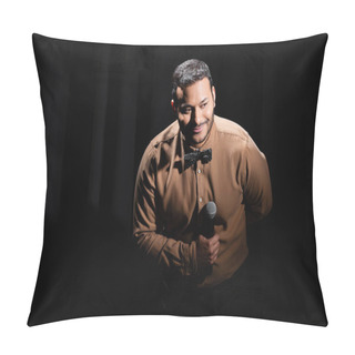 Personality  Pleased Middle East Comedian Performing Stand Up Comedy Into Microphone On Black  Pillow Covers