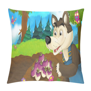 Personality  Illustration With Happy Wolf On The Meadow Pillow Covers