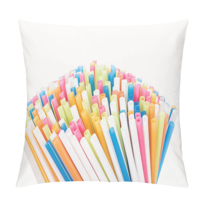 Personality  selective focus of colorful and bright plastic straws isolated on white with copy space  pillow covers