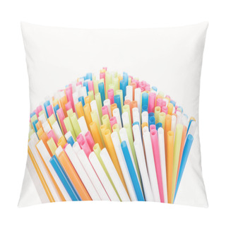 Personality  Selective Focus Of Colorful And Bright Plastic Straws Isolated On White With Copy Space  Pillow Covers