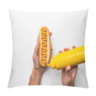Personality  Cropped Shot Of Man Pouring Mustard Onto Hot Dog On White Marble Surface Pillow Covers