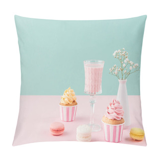 Personality  Cupcakes, Milkshake And Macarons On Birthday Background With Flowers  Pillow Covers