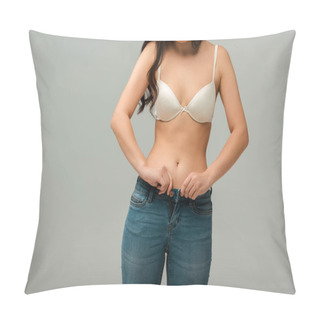 Personality  Cropped View Of Overweight Girl Wearing Jeans Isolated On Grey Pillow Covers