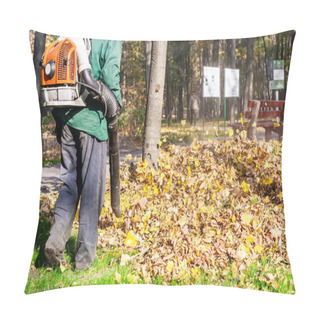 Personality  Worker Operating Heavy Duty Leaf Blower In City Park. Removing Fallen Leaves In Autumn. Leaves Swirling Up. Foliage Cleaning In Fall Pillow Covers