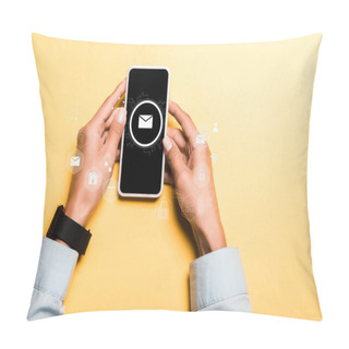 Personality  Cropped View Of Woman Holding Smartphone With Envelope On Screen On Orange Pillow Covers