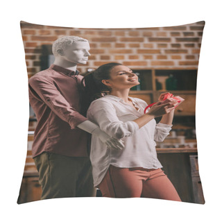 Personality  Young Woman Opening Gift In Hands With Manikkin Hugging Her Behind, Perfect Man Dream Concept Pillow Covers