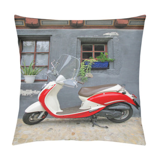 Personality  Trendy Moped Against Old Building. Fribourg, Switzerland Pillow Covers