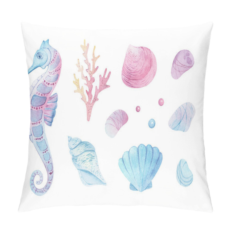 Personality  Sea animals set. Blue watercolor ocean fish and coral. Shell aquarium background. marine illustration, jellyfish, starfish. For Printing on postcards, packaging, fabric, design, textile. pillow covers