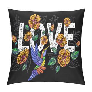 Personality  Embroidery Hummingbird, Love, Palm Tree Leaves, Flowers Tropical Art Patch. Fashionable Embroidery Tropical Summer Background. Template Design Clothes, T Shirt. Hand Drawn Vector. Pillow Covers