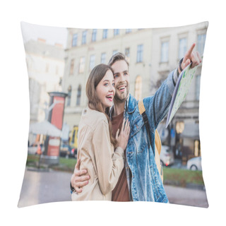 Personality  Man Smiling, Holding Map, Pointing With Finger And Hugging Happy Woman In City Pillow Covers