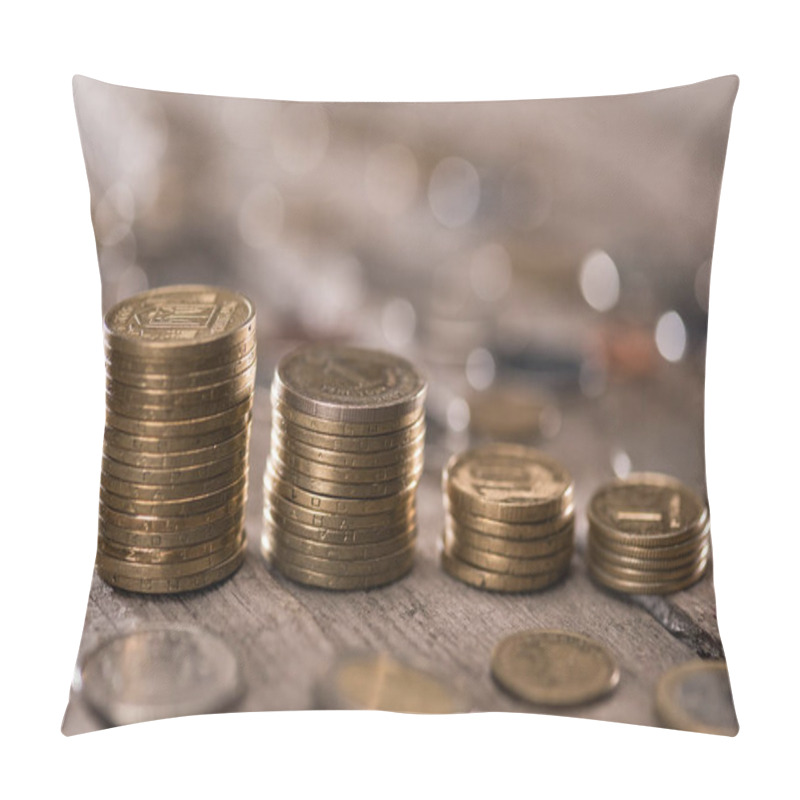 Personality  Stacks Of Coins On Wooden Tabletop Pillow Covers