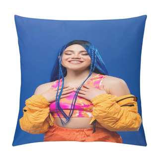 Personality  Fashion Trends, Dyed Hair, Happy Female Model With Blue Hair Posing In Puffer Jacket On Blue Background, Vibrant Color, Urban Fashion, Individualism, Young Woman Smiling With Closed Eyes Pillow Covers