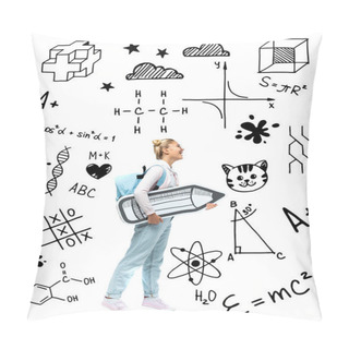 Personality  Child With Backpack Holding Paper Pencil Near Math Illustration On White  Pillow Covers