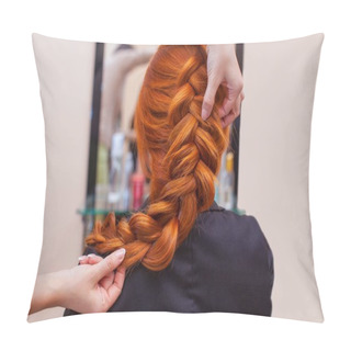 Personality  Beautiful, Red-haired Girl With Long Hair, Hairdresser Weaves A French Braid Pillow Covers