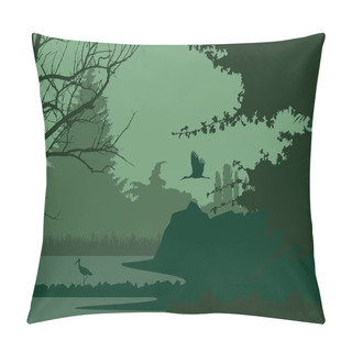 Personality  Wetlands With Forest And Flying And Standing Stork, Under The Evening Sky - Vector Pillow Covers