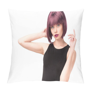 Personality  Young Stylish Woman With Purple Hair Pillow Covers