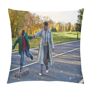 Personality  Boy Riding Penny Board And Holding Hands With Happy Mother, African American,  Autumnal Leaves Pillow Covers