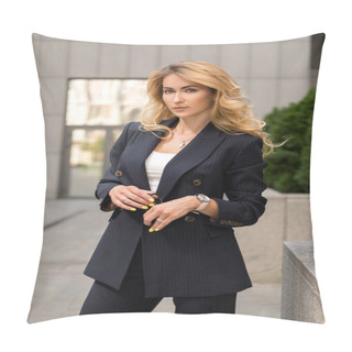 Personality  Beautiful Blonde Woman In Navy Blue Classic Smart-casual Outfit Outdoors Near Hi-tech Business Building. Space For Text Pillow Covers