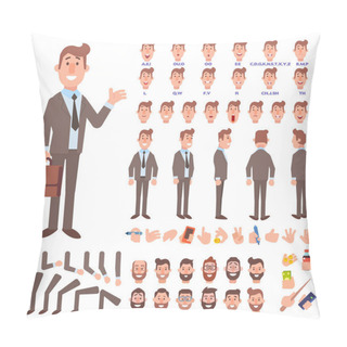 Personality  Front, Side, Back View Animated Character. Business Man Character Creation Set With Various Views, Hairstyles, Face Emotions, Poses And Gestures. Cartoon Style, Flat Vector Illustration. Pillow Covers