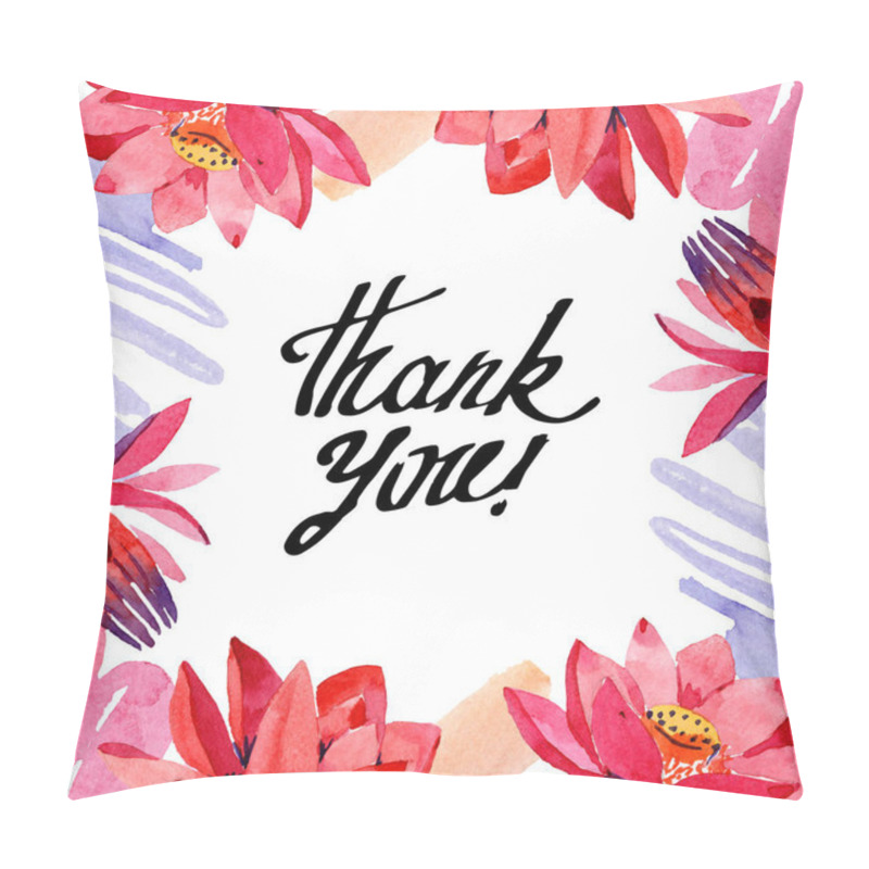 Personality  Red lotus flowers. Thank you handwriting monogram calligraphy. Watercolor background illustration. Frame border floral ornament. Hand drawn in aquarell. pillow covers