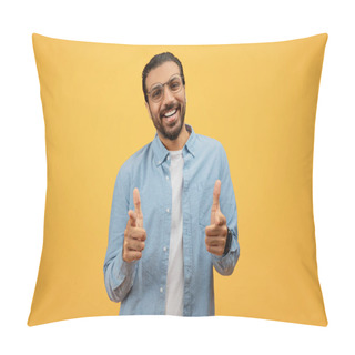 Personality  Cheerful Bearded Indian Man With Glasses Giving Double Thumbs Up On A Yellow Background Pillow Covers
