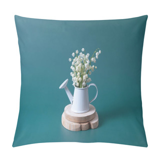 Personality  Lilies Of The Valley Bouquet In A Mini Watering Can On A Turquoise Background. Pillow Covers