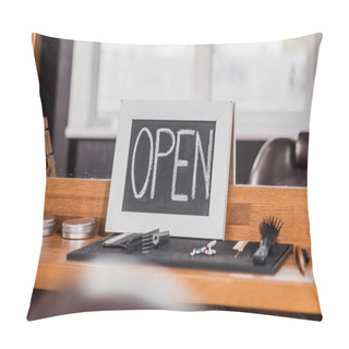 Personality  Blackboard With Open Sign Leaning On Mirror At Barbershop With Tools On Rubber Mat And On Counter Pillow Covers