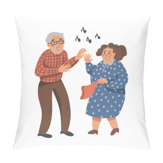 Personality  Elderly Dancing Couple. Old Man And Woman Have Fun On A Party. Nursing Home. Senior People Flat Vector Illustration. Pillow Covers