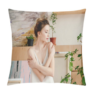 Personality  Beautiful Tender Young Woman Looking Away In Art Studio Pillow Covers