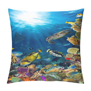Personality  Underwater Coral Reef Landscape In The Deep Blue Ocean With Colorful Fish And Marine Life Pillow Covers