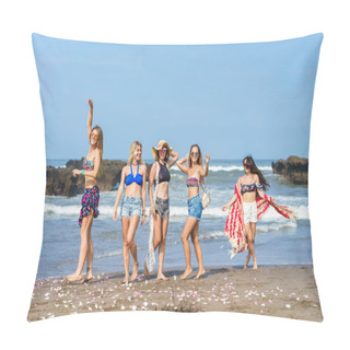 Personality  Group Of Beautiful Young Women Spending Time Together On Beach Pillow Covers