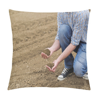 Personality  Farmer Checking Soil Quality Of Fertile Agricultural Farm Land Pillow Covers