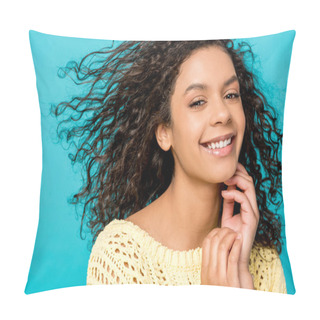 Personality  Attractive African American Woman Touching Face While Smiling Isolated On Blue  Pillow Covers