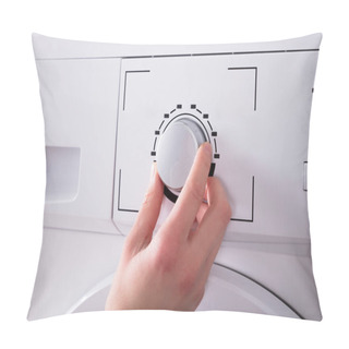 Personality  Close-up Of A Person's Hand Turning Button Of Washing Machine Pillow Covers