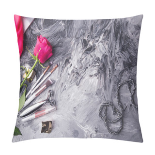 Personality  Glamorous Makeup Tools And Fresh Flowers Set Against A Monochrome Fluid Art Background. Pillow Covers