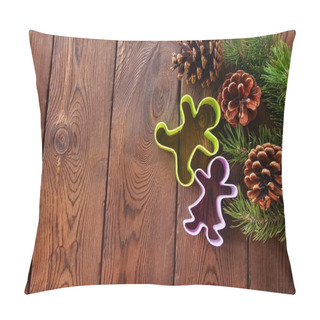 Personality  Christmas Backdrop. Fir Tree Branches, Cones And Gingerbread Cut Pillow Covers