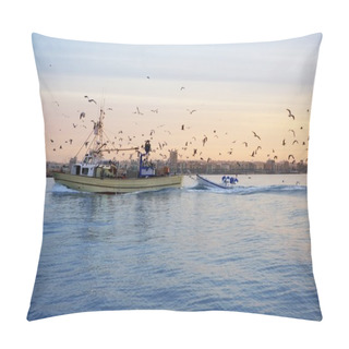 Personality  Professional Fishing Boat Seagull On Sunset Sunrise Pillow Covers