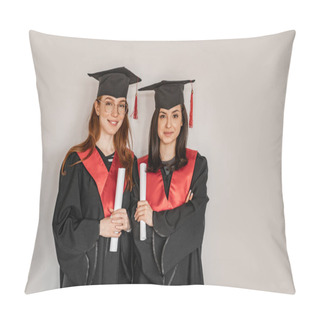 Personality  Pretty Students In Graduation Gowns And Caps Holding Paper Rolls Diploma, Senior 2021 Pillow Covers