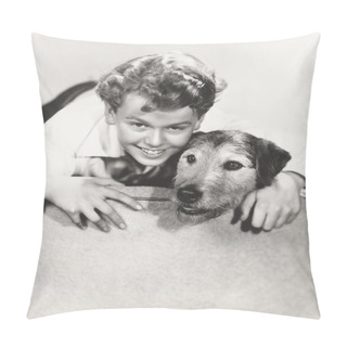 Personality  Smiling  Boy And His Dog Pillow Covers