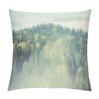 Personality  Thick Fog Covered With Thick Coniferous Forest. Forest With A Bird's Eye View . Coniferous Trees, Thickets Of Green Forest. Fog Covered With Thick Coniferous Forest. Pillow Covers