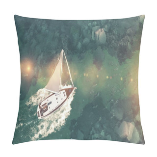 Personality  Aerial View Of Luxury Medium Cruise Ship Sailing From Port On Sunrise Through The Bay. 3d Illustration Pillow Covers