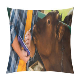 Personality  Cropped View Of Farmer In Checkered Shirt Writing On Clipboard Near Brown Cow, Panoramic Crop Pillow Covers